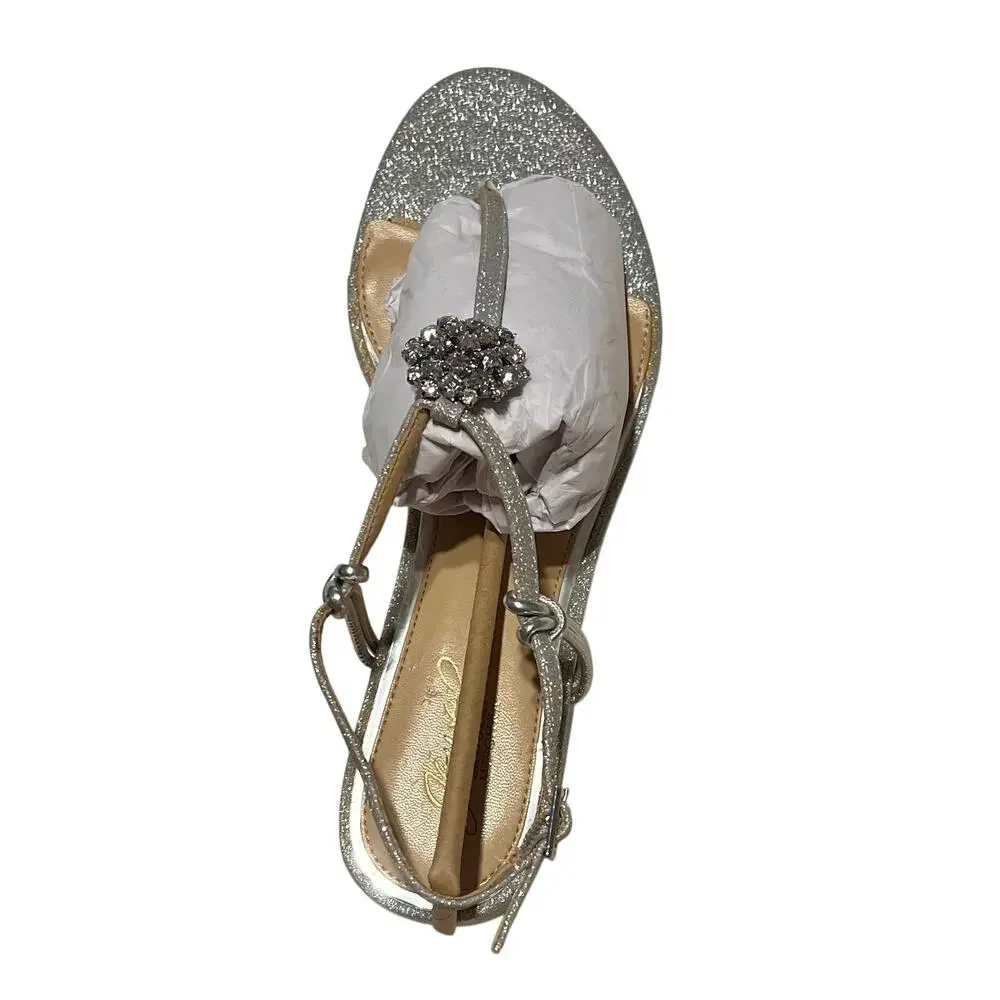 Jewel Badgley Mischka Lizette Silver Glitter Block Heel Sandals Size 9 NWOB